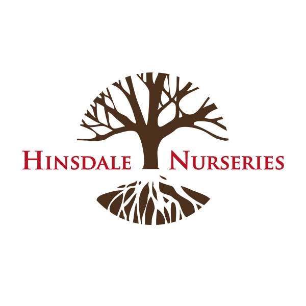 The logo for Hinsdale Nurseries features a brown silhouette of a tree with its roots against a white background.