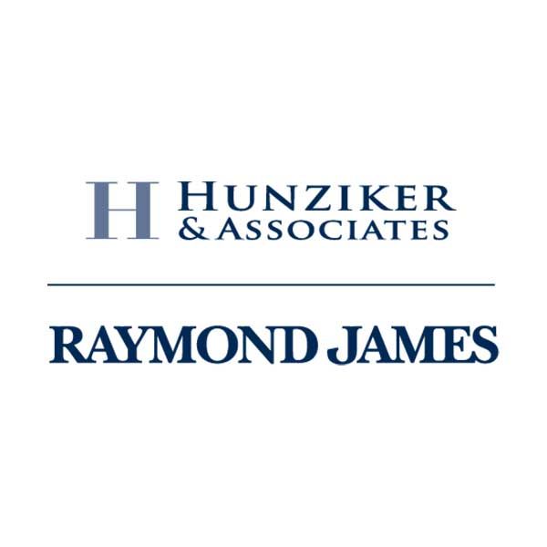Logo for Hunziker & Associates at Raymond James, featuring dark blue text on a white background.