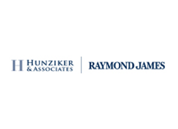 The logo for Hunziker & Associates, a Raymond James branch, in dark blue text on a white background.