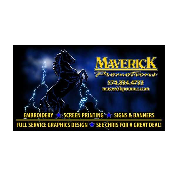 Business card for Maverick Promotions featuring a black horse, blue lightning, contact info, and services offered.