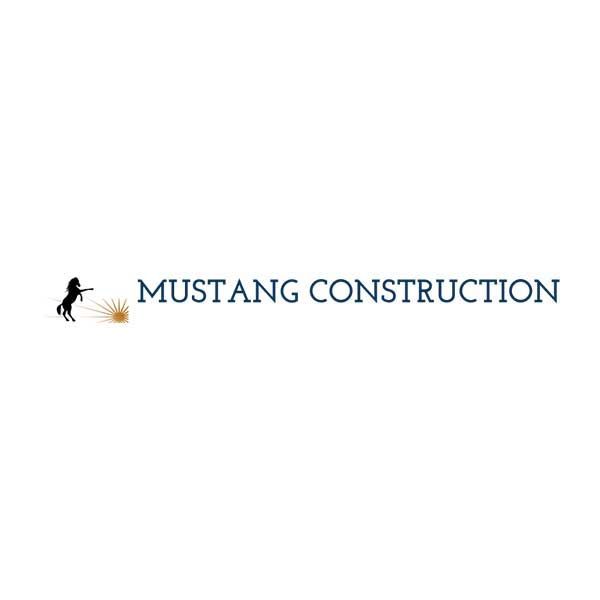 Logo for Mustang Construction featuring a black horse silhouette next to a sunburst icon and the company name in blue.