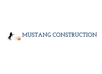 Logo for Mustang Construction featuring a black silhouette of a rearing horse next to a golden sunburst on the left.