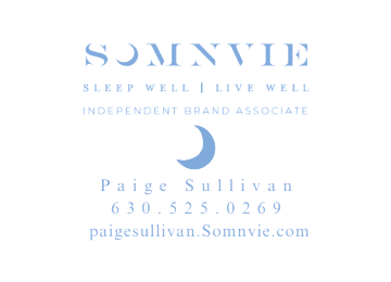Somnvie business card for Independent Brand Associate Paige Sullivan, featuring a moon logo, phone, and website address.