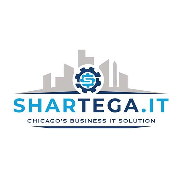Logo for Shartega.IT featuring a blue gear icon with an 'S', atop a gray city skyline, with text below on a white background.