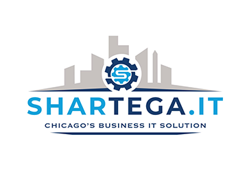 Logo for Shartega.IT featuring a stylized gear, a grey Chicago skyline silhouette, and company text in blue and grey.
