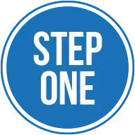 Blue circle with a white double border containing the words 