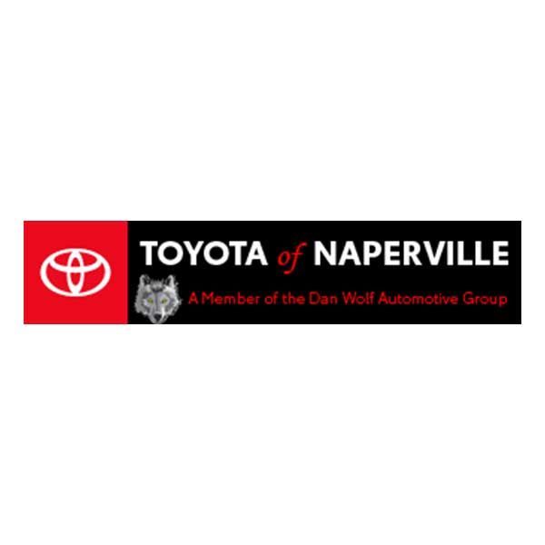 Logo for Toyota of Naperville, featuring the Toyota emblem, a wolf icon, and text stating membership in Dan Wolf Auto Group.