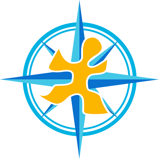 A stylized yellow human-like figure centered over a blue eight-pointed compass rose against a white background.