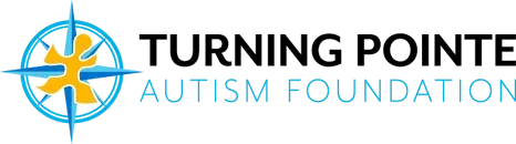 Logo for Turning Pointe Autism Foundation, featuring a gold puzzle-piece compass icon next to the organization's name.