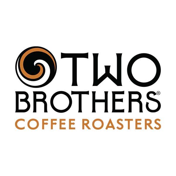 Two Brothers Coffee Roasters logo: a black and bronze swirl icon next to the black text 