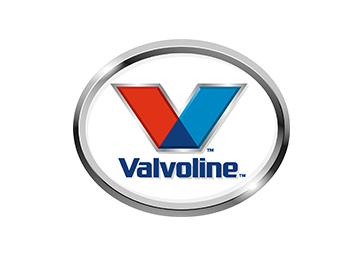 The Valvoline logo features a red and blue V shape inside a silver oval with the brand name in blue below.