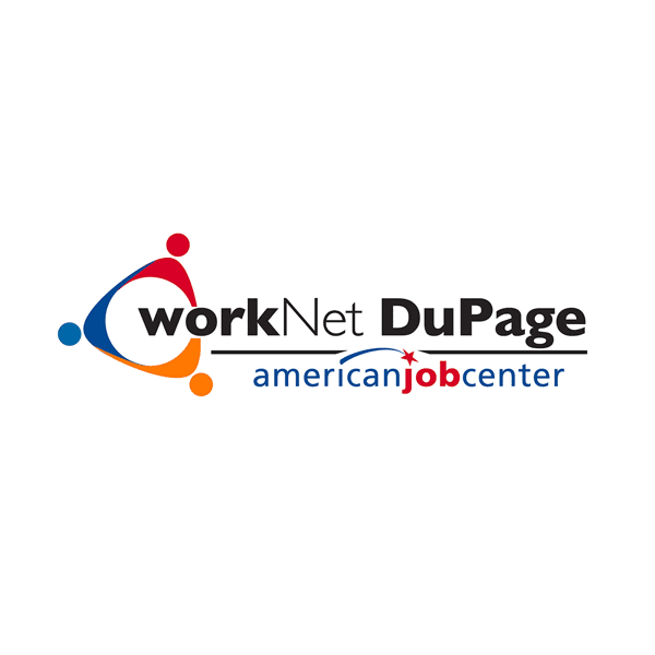 Logo for workNet DuPage American Job Center with a stylized, multi-colored circular icon on the left.