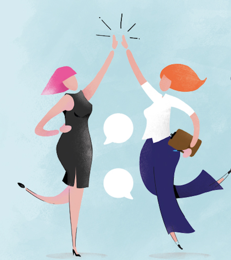 Twee mensen in zakelijke kleding vieren het met een high-five, met twee lege tekstballonnen ertussen.