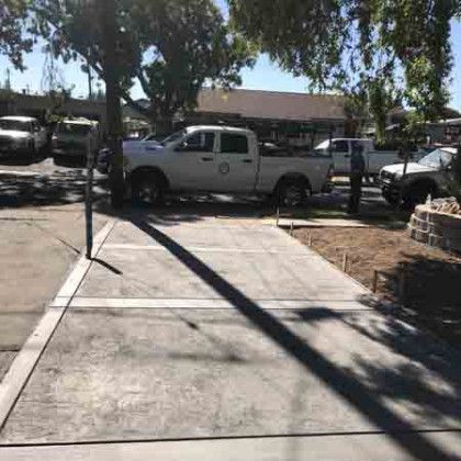 A white truck is parked in a driveway next to a tree.