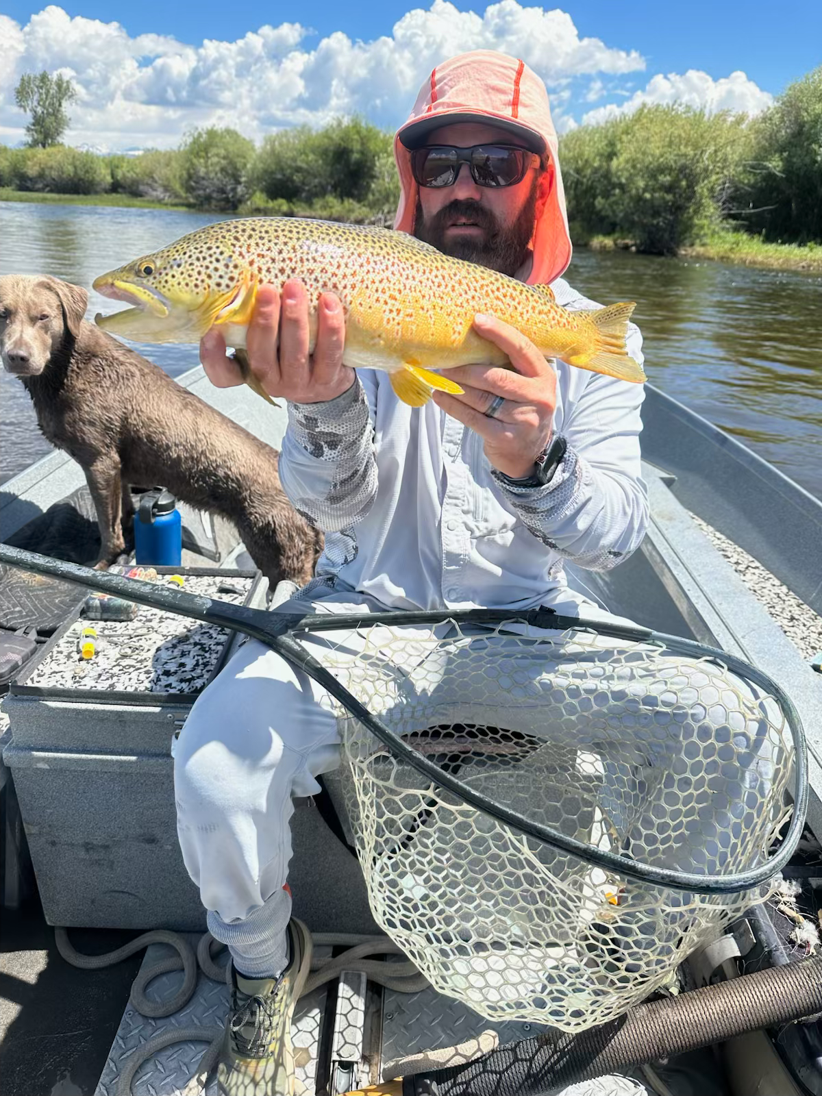 A man is sitting on a boat holding a brown trout.