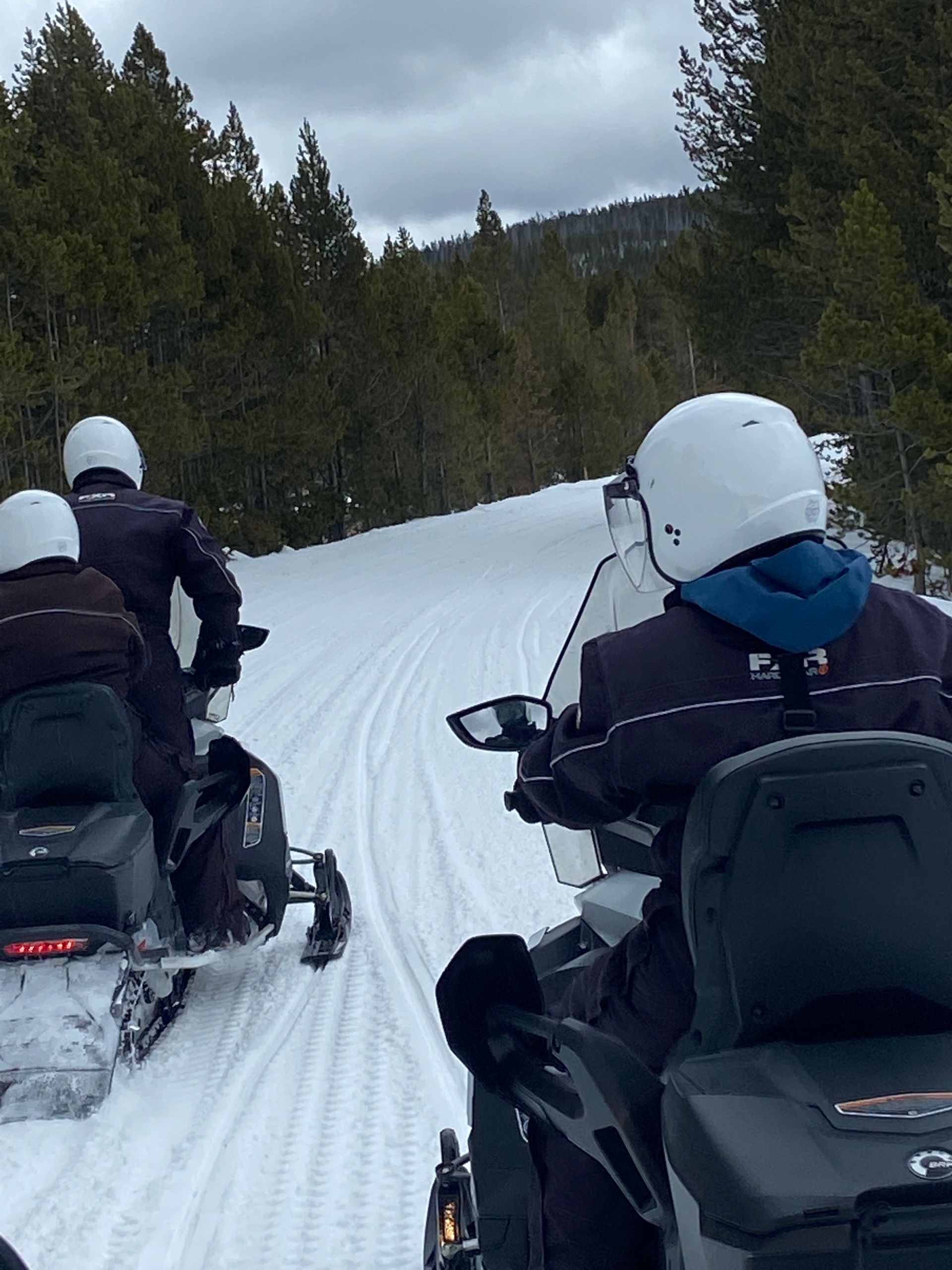 A group of people are riding snowmobiles down a snowy road.