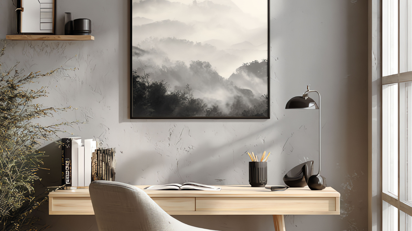 A desk in front of a gray wall with a framed art piece of a misty mountain range.