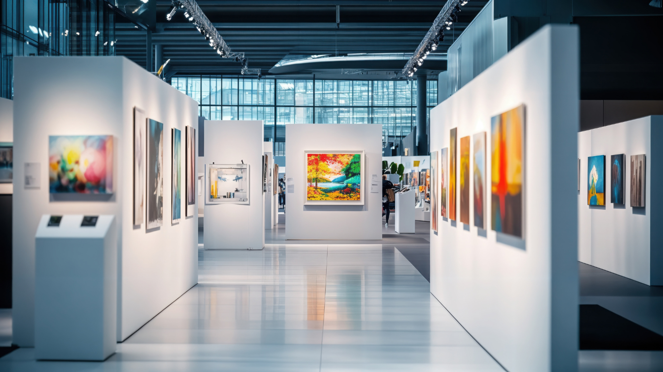 Art gallery interior with white walls, paintings, and reflective floors.