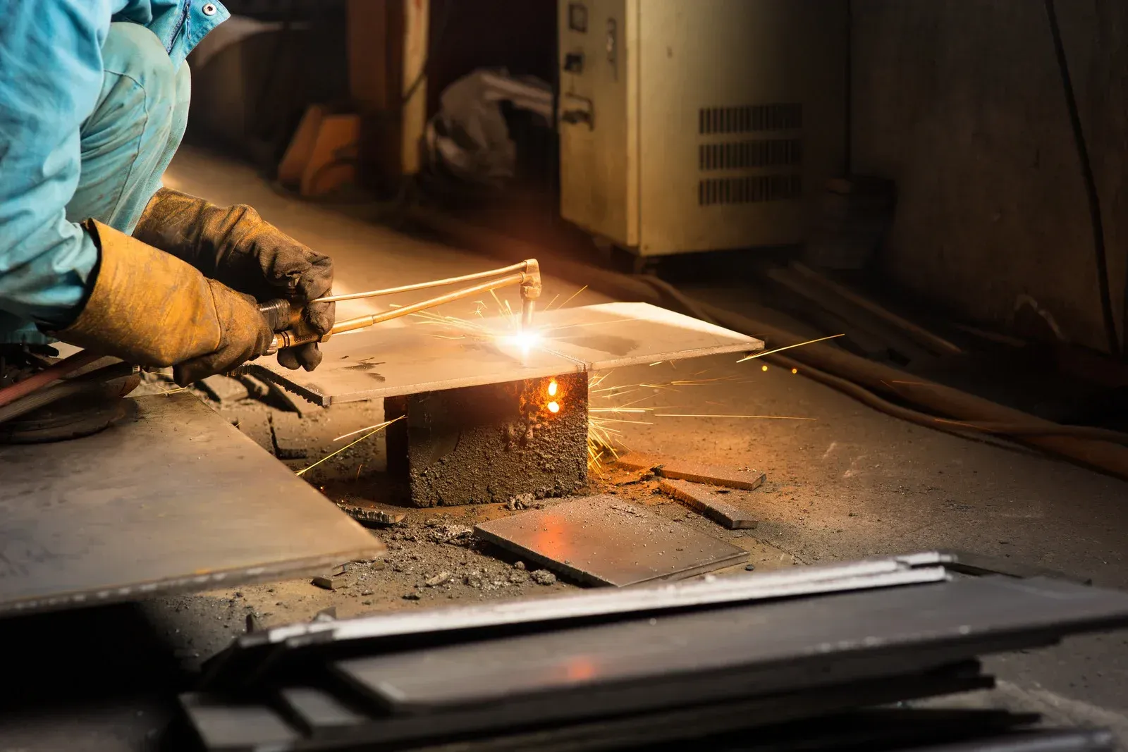 Welder in blue shirt and gloves using a torch on metal, creating sparks in a workshop.
