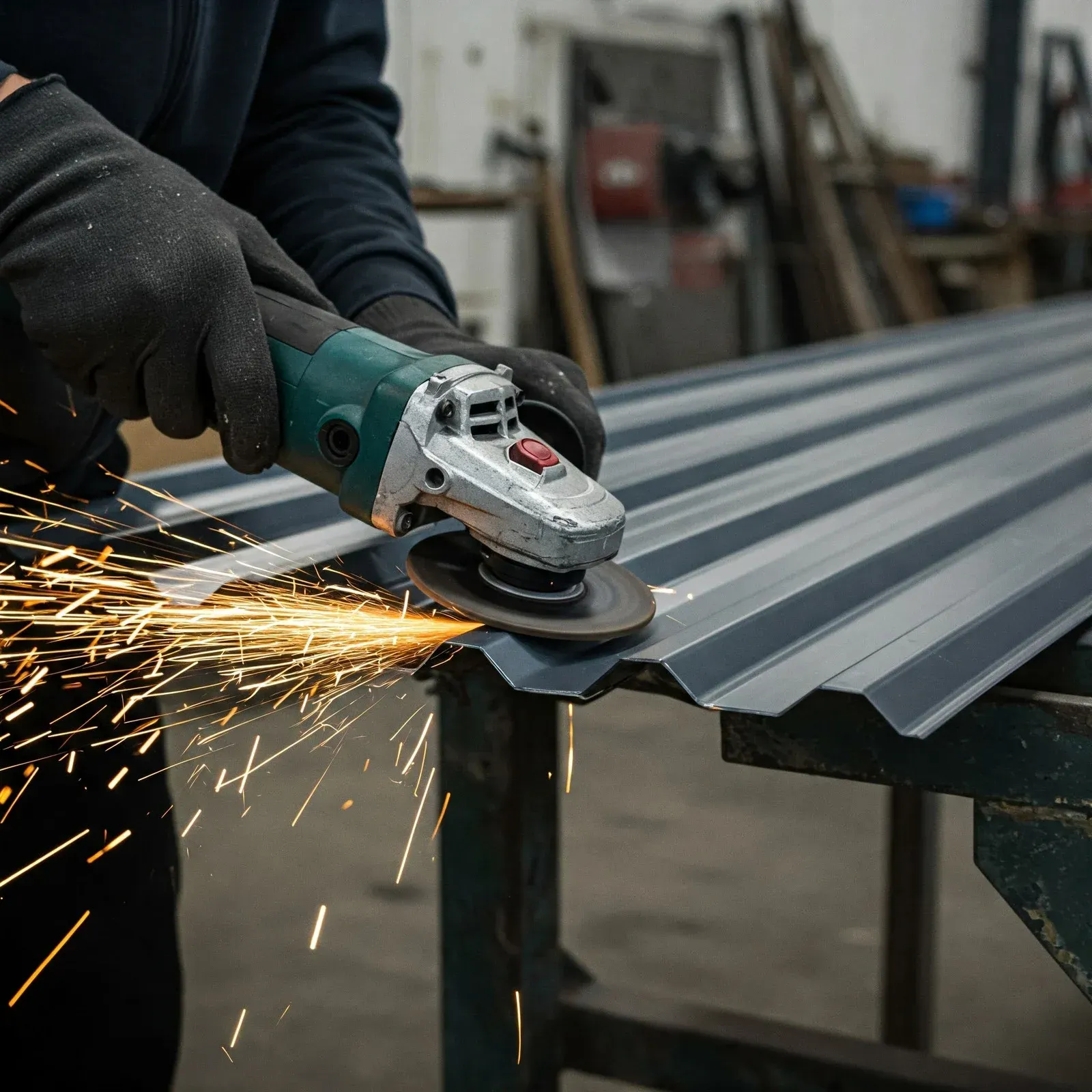 Person using an angle grinder to cut metal. Sparks fly in a workshop setting.