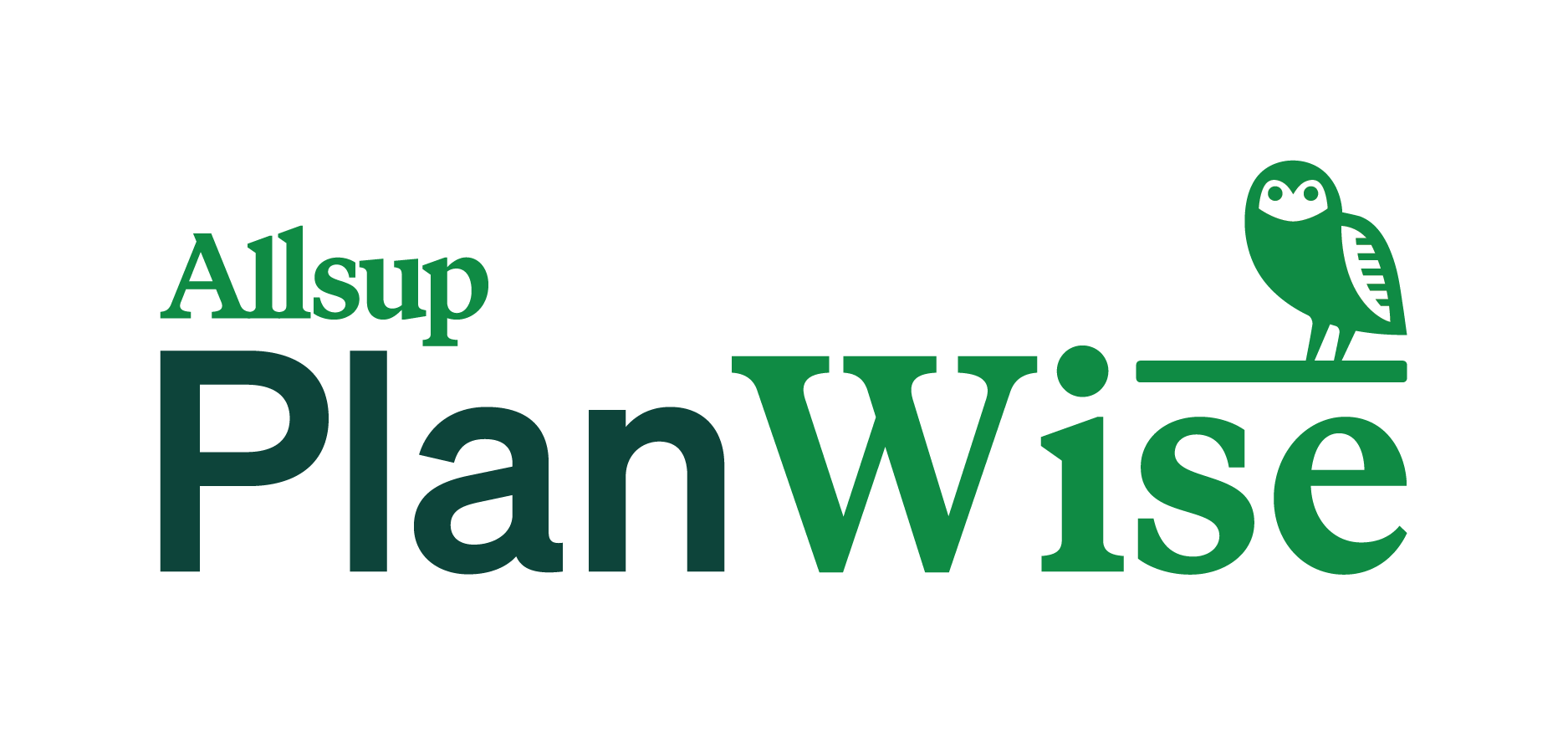 Logo for Allsup PlanWise, with a green owl perched on "Wise" and green text.