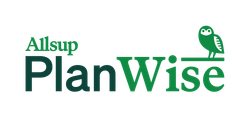 Logo for Allsup PlanWise, with a green owl perched on "Wise" and green text.