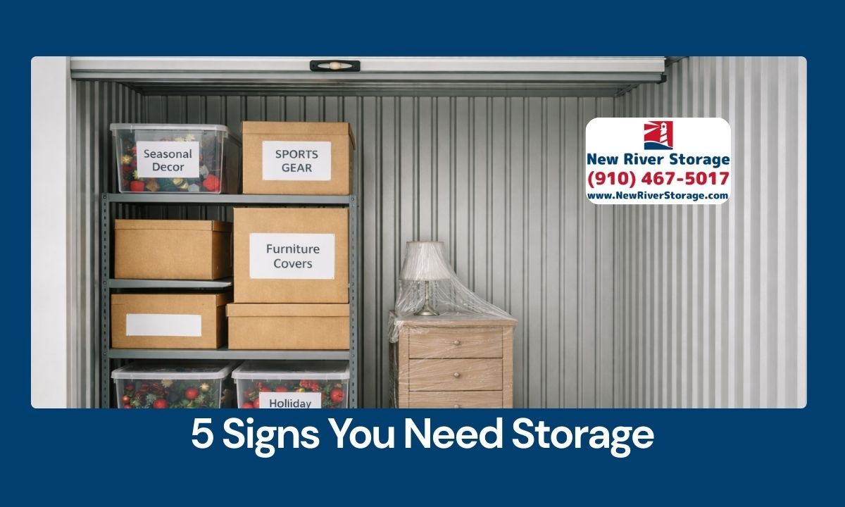 Organized self storage unit with labeled boxes and shelving showing clean, efficient use of space