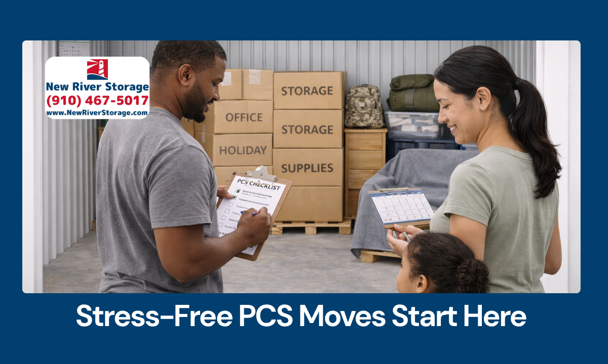 Military family organizing boxes and checklist during a planned PCS move with storage unit