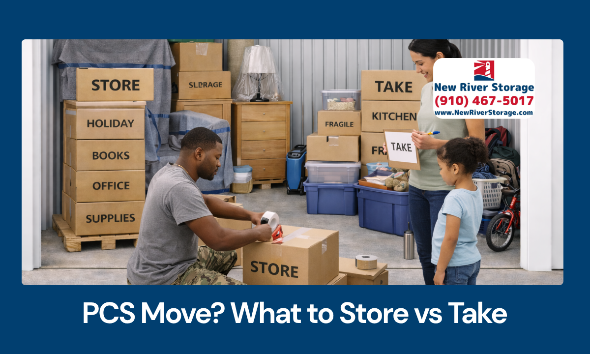 Military family sorting boxes into store and take piles during a PCS move inside storage unit