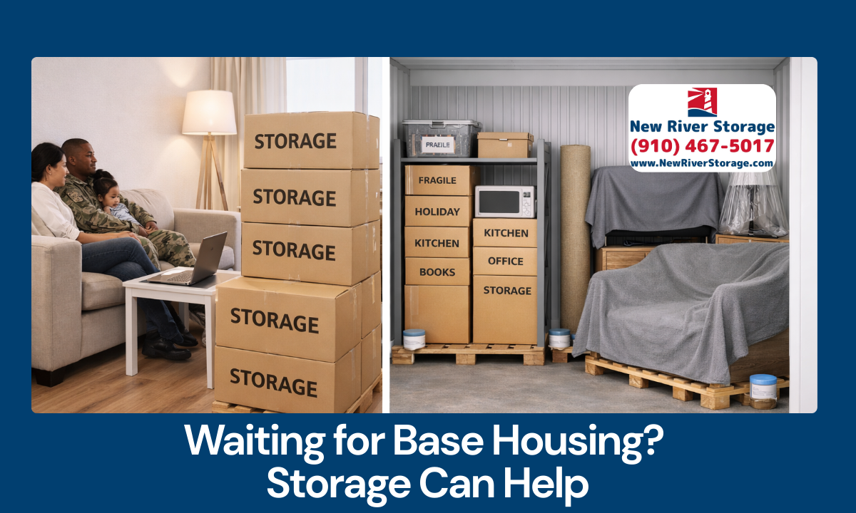 Military family storing furniture and boxes in a storage unit while waiting for base housing.