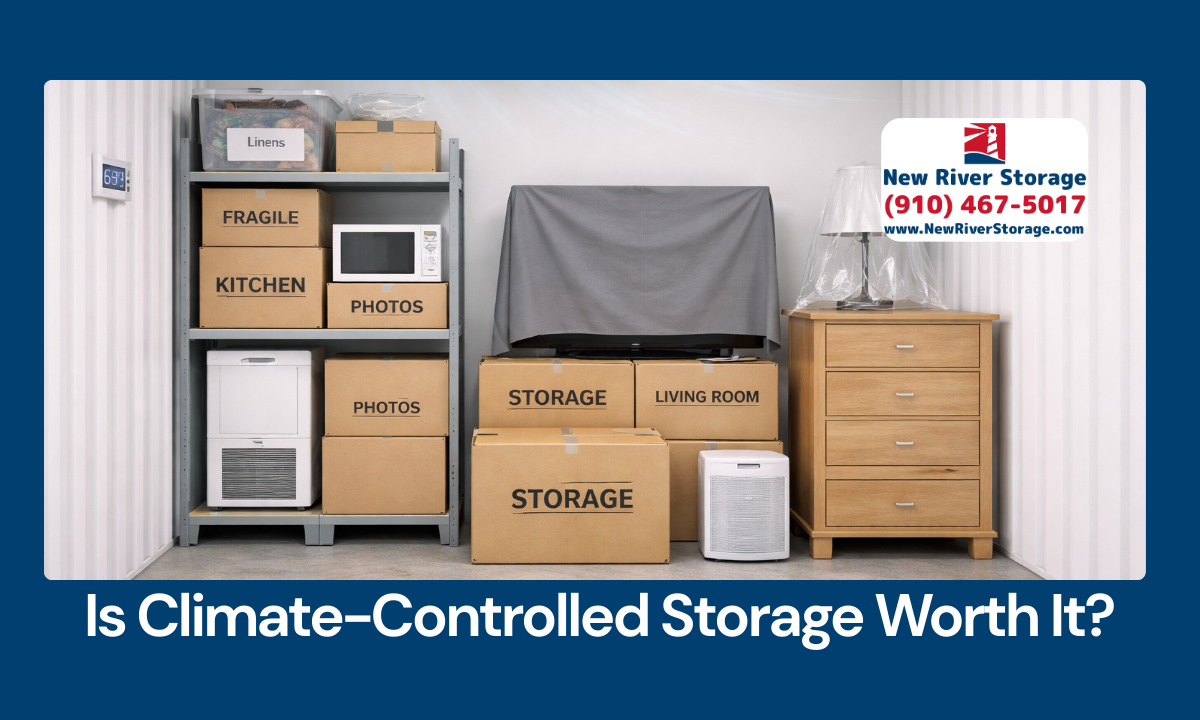 Climate-controlled storage unit with furniture and electronics protected from heat and humidity.