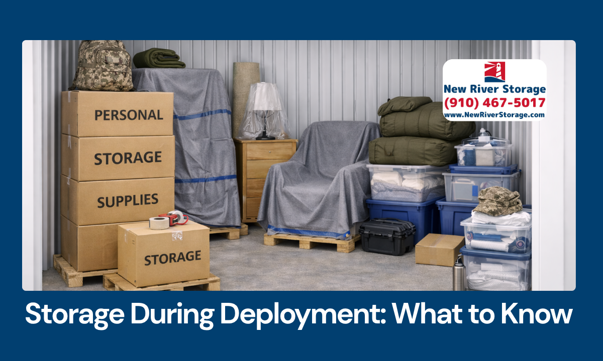 Furniture wrapped and boxes stored in a unit prepared for long-term storage during deployment