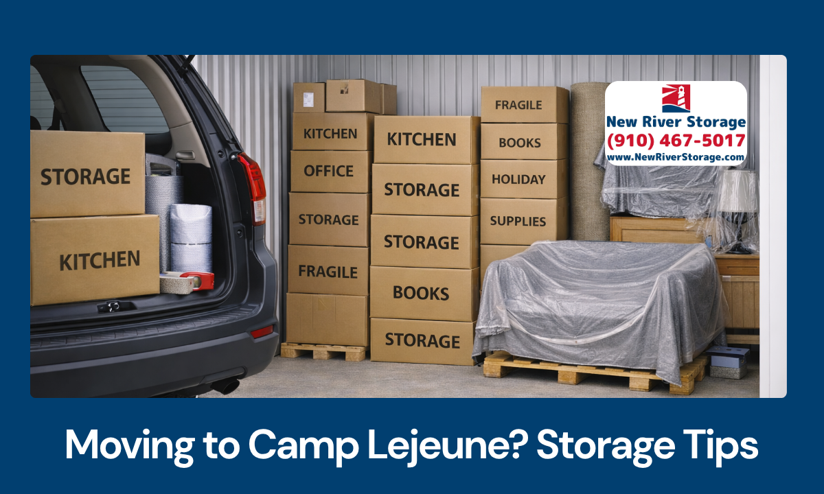Military family moving belongings into storage unit during PCS relocation near Camp Lejeune