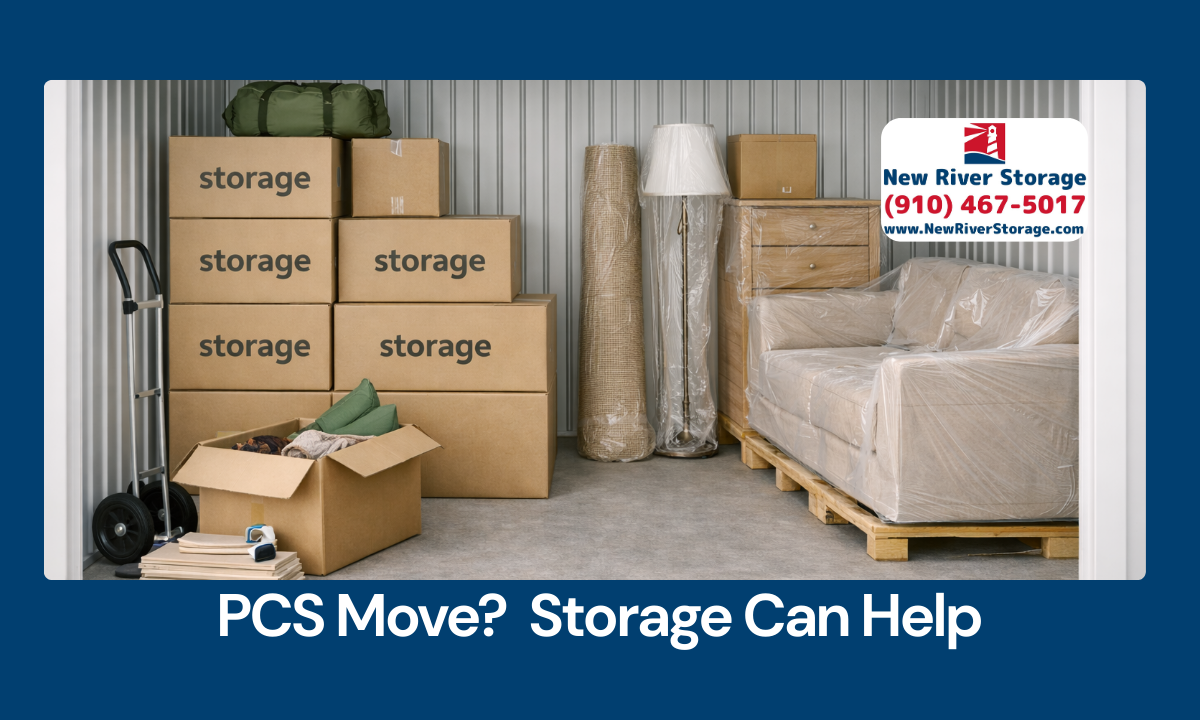 Boxes and furniture packed for a PCS move inside an organized self storage unit.