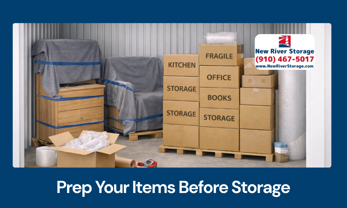 Furniture wrapped and boxes labeled inside a storage unit for safe and organized storage
