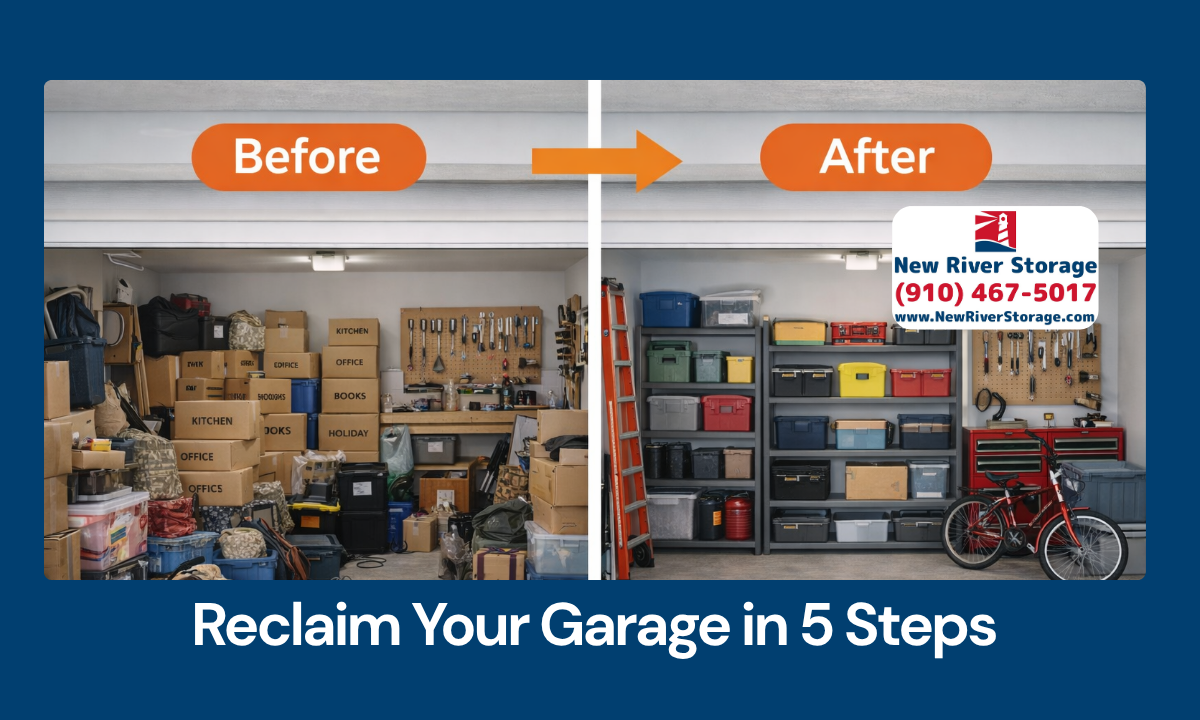 Garage cleaned and organized with shelving and storage bins after decluttering