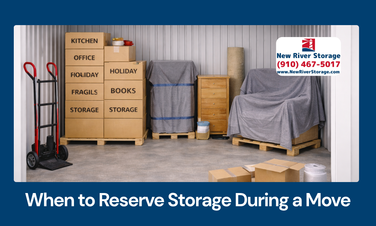 Moving boxes and furniture being placed into a storage unit during a planned move