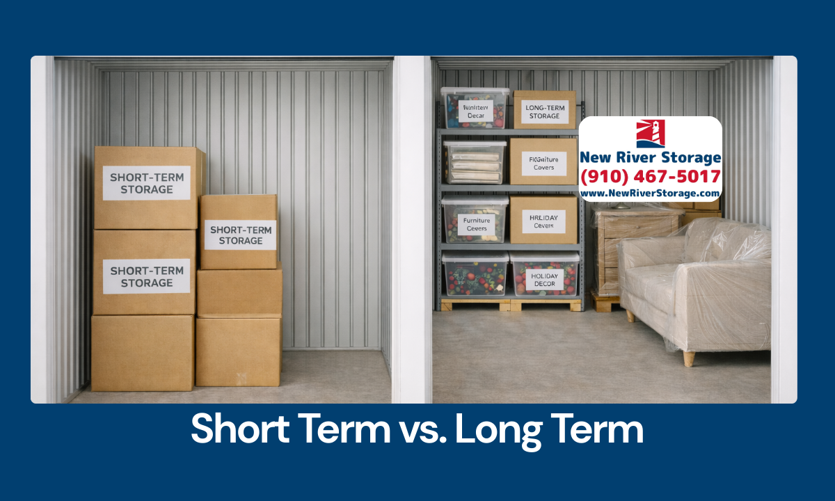 Organized self storage unit showing boxes for short-term storage and wrapped furniture arranged for