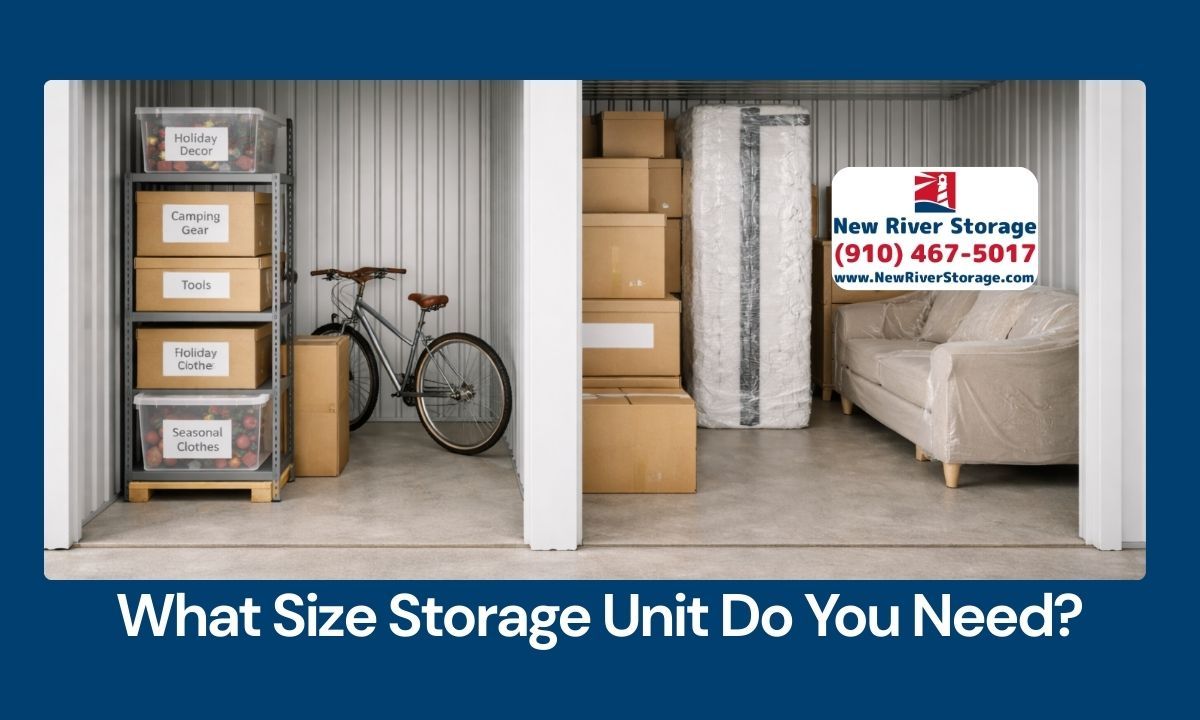 Two different self storage unit sizes side by side showing boxes and furniture organized inside clea