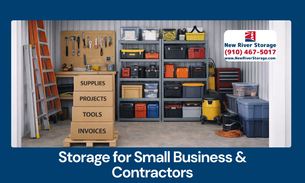 Organized storage unit with tools, shelves, and labeled boxes for small businesses and contractors.