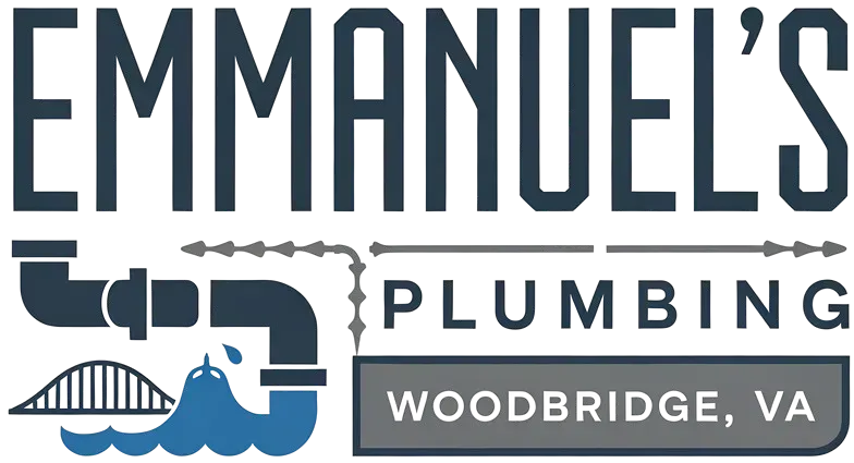 Emmanuel's Plumbing logo: Text over pipes and a bridge. Woodbridge, VA is at the bottom.