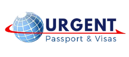 A logo for urgent passport and visas with a globe on it