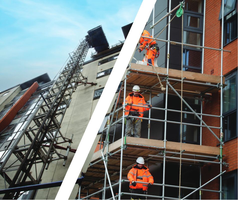 A group of construction workers standing on scaffolding in front of a building