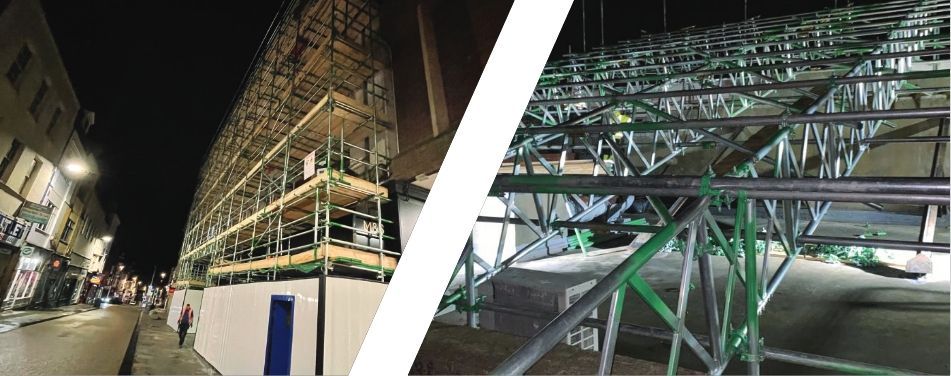 A picture of a building under construction at night and a picture of a building under construction at night.