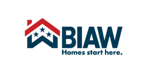 A blue and red logo for biaw homes start here