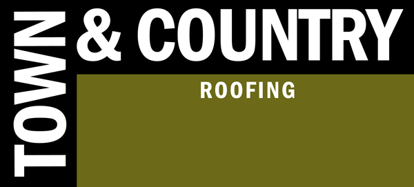 A logo for town & country roofing with a black background