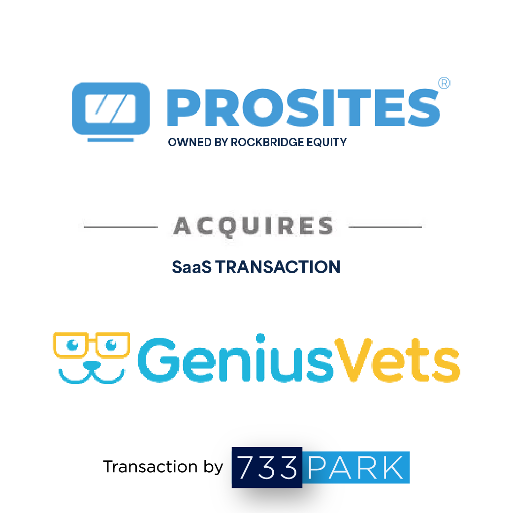 Prosites acquires GeniusVets. Text overlay with company logos, SaaS transaction details, and 733 Park logo.