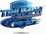 Blue logo for Triumph Academy of Defensive Driving featuring a shield, road path, and a stylized blue sports car.