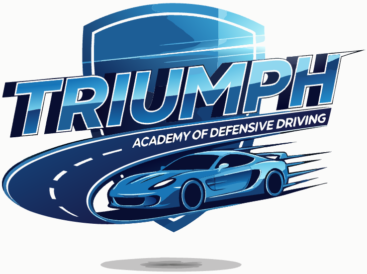 Blue logo for Triumph Academy of Defensive Driving featuring a shield, road path, and a stylized blue sports car.