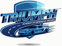 Blue logo for Triumph Academy of Defensive Driving featuring a shield, road path, and a stylized blue sports car.